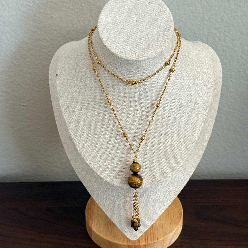 Tiger Eye Gemstone Tassel Drop Pendant Minimalist Long Necklace